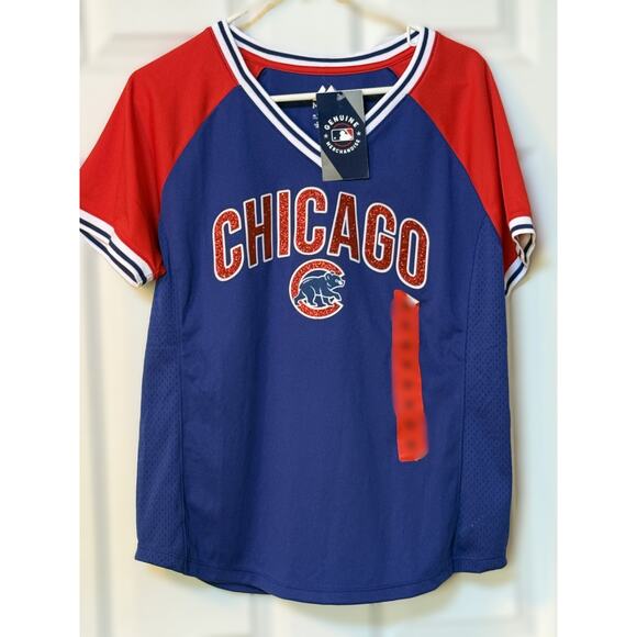 Chicago Cubs Jersey NWT Majestic V Neck Pullover Womens Large MLB Glitter Print - Picture 1 of 5
